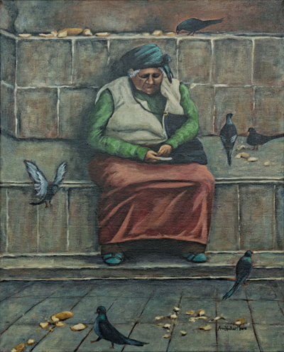 Anne Heather Moore, The Pigeon Lady
Acrylic on gallery canvas - 18" x 24"